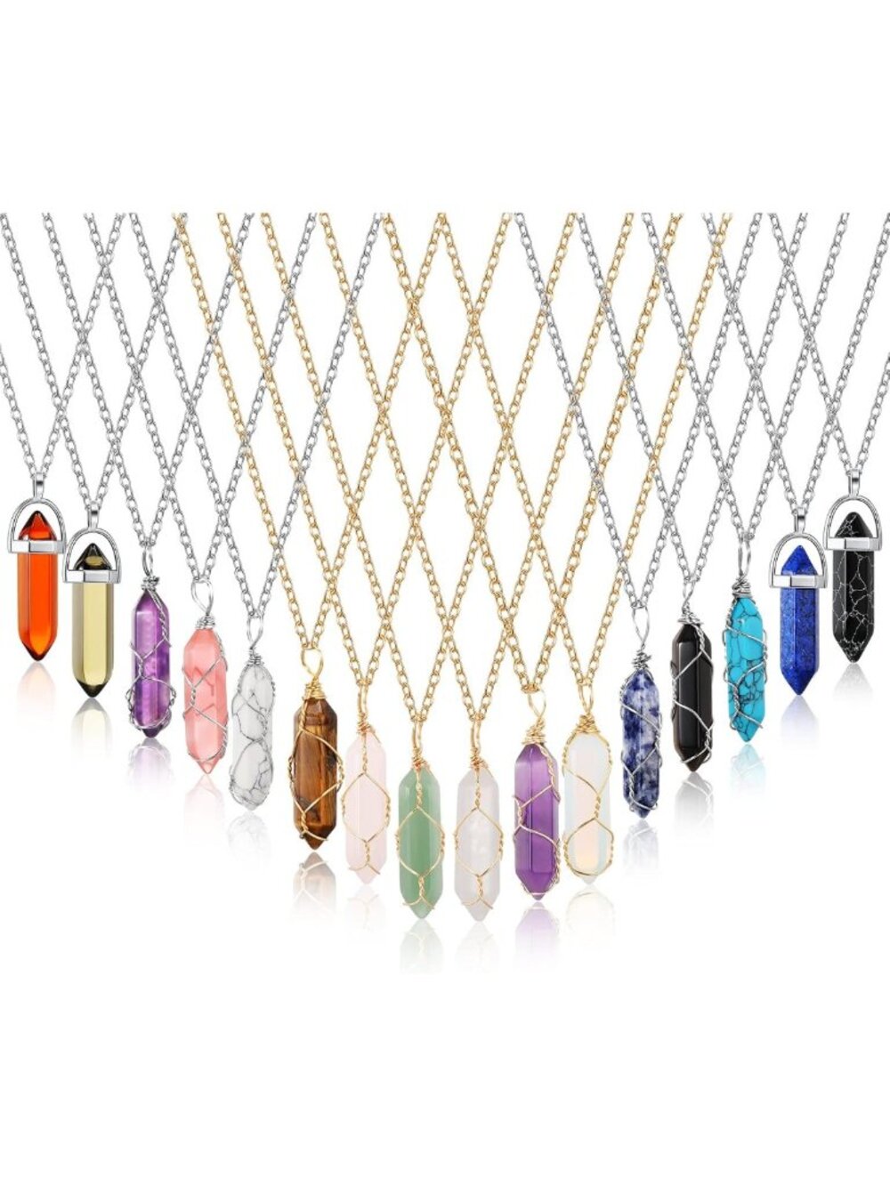 16 Pcs Healing Crystal Necklaces - Hexagonal Gemstone Pendants, Amethyst & Wire